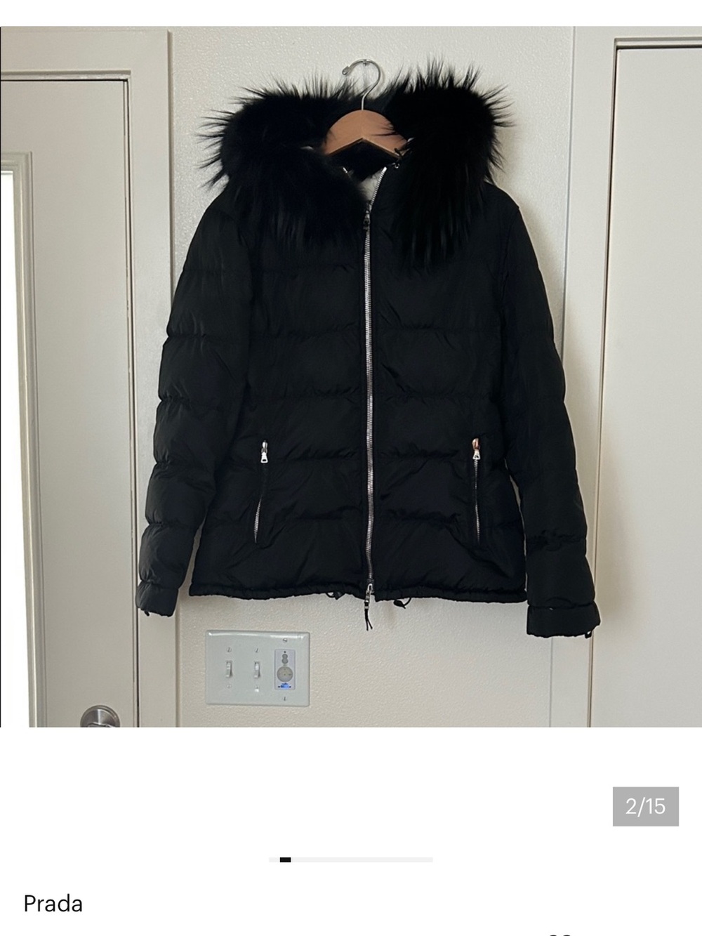 Prada Black Puffer Jacket with Fur-Trim Hood